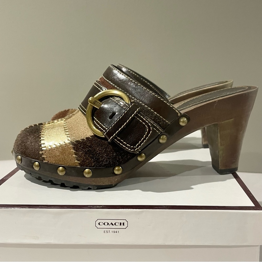 Coach Y2K Sebrina Chelsea Suede Brown Gold Platform Mules - Size 6.5